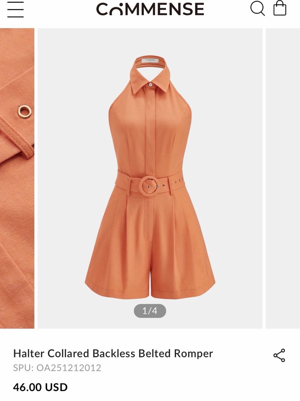 NWT Commense Halter-Collared Backless Belted Romper in Orange